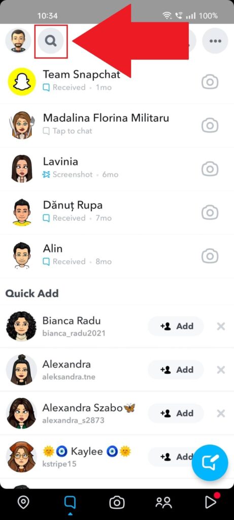 Screenshot of a Snapchat page that shows a search page with the search icon highlighted.