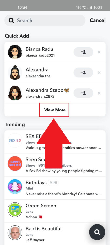 Screenshot of a Snapchat page that shows a search page with the "View More" option highlighted.