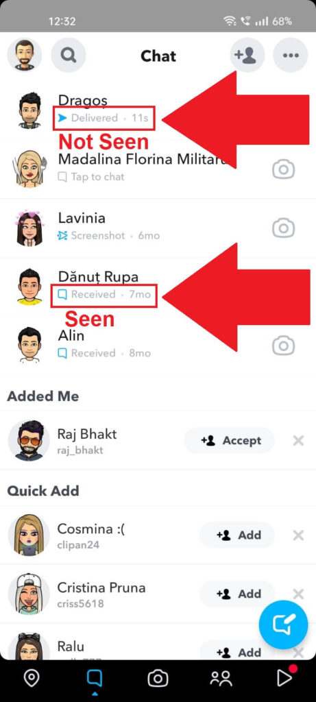 Open Snapchat application showing how you can see if someone has opened your direct message.