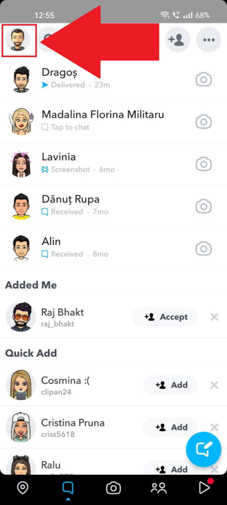 Snapchat application showing the user's profile picture icon highlugjhted.