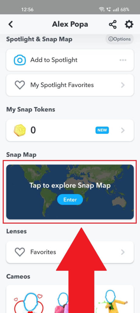 Snapchat app where it shows how to access the Snap Map menu.