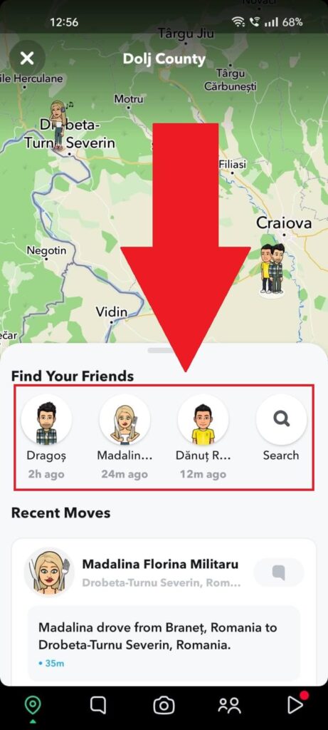 Snapchat app that shows a list of your friends on the Snap Map.