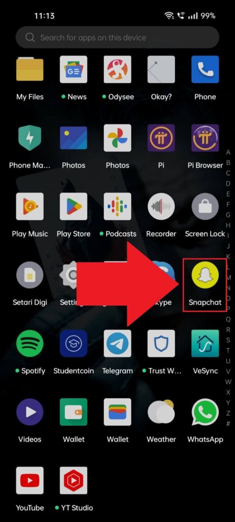 Phone home screen where the Snapchat app icon is highlighted