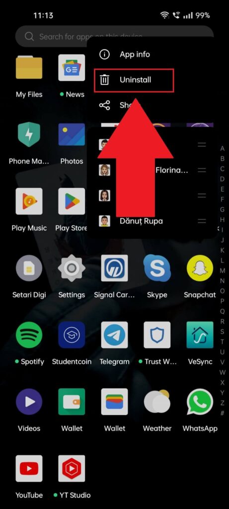 Phone home screen where the user is in the process of uninstalling the Snapchat app