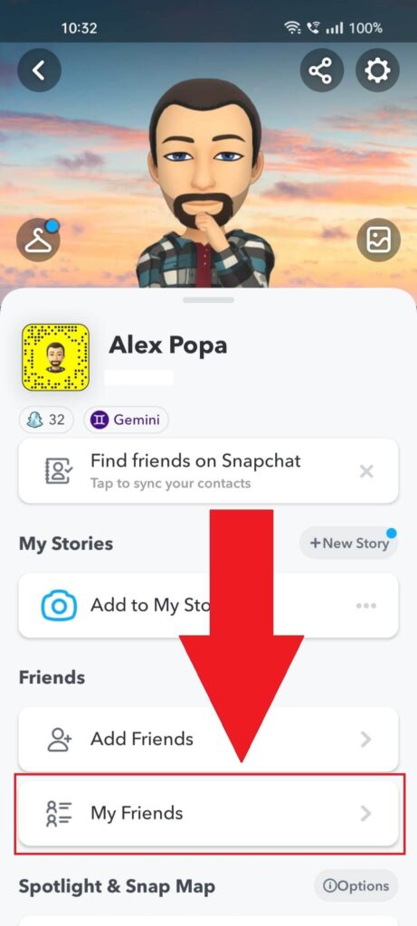 Screenshot of a Snapchat page where the "My Friends" menu item is highlighted