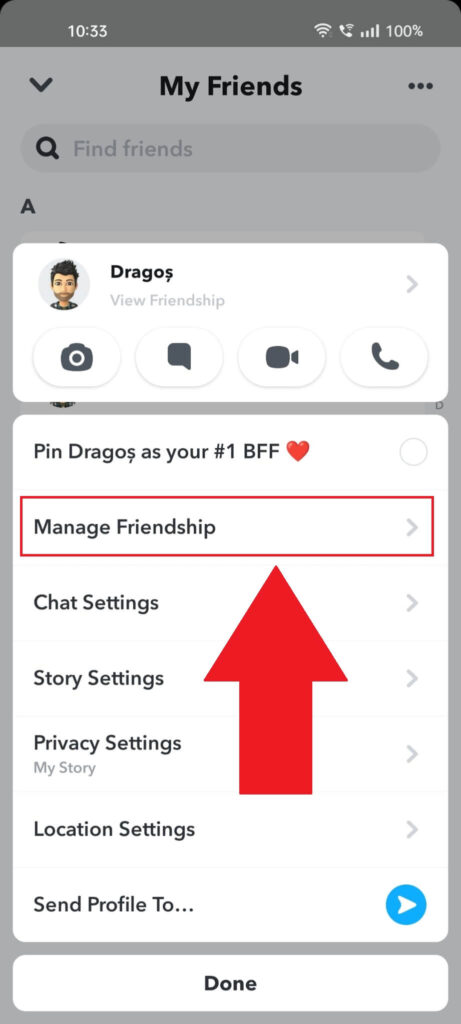 Screenshot of a Snapchat page where the "Manage Friendship" menu item is highlighted