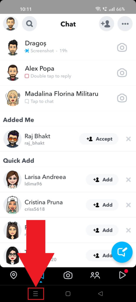 Tapping on the Overview button on a Snapchat window that shows your friends' list.