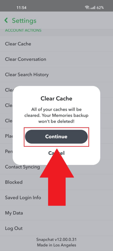 Confirm clearing cache on Snapchat.