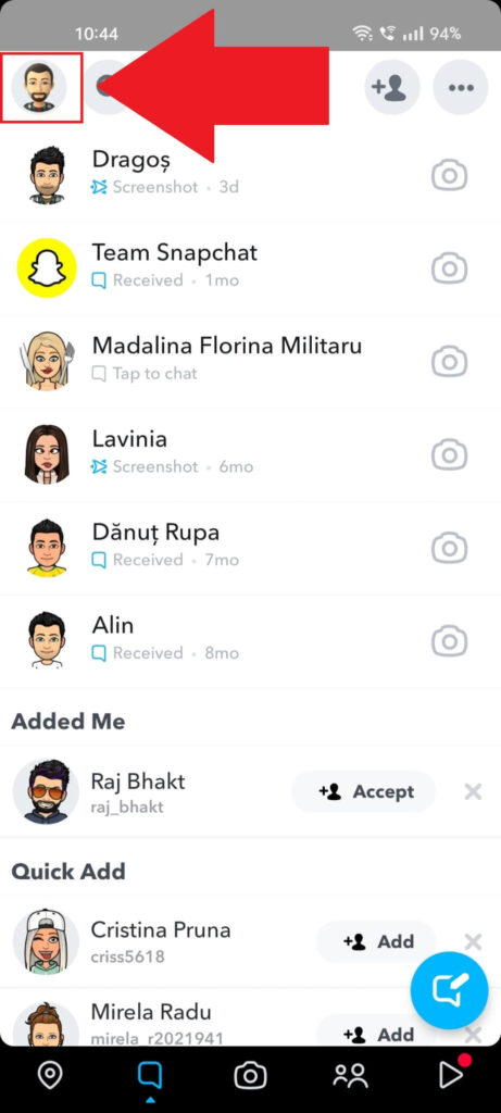 Screenshot of a Snapchat page showing a list of friends, with the profile picture icon of the user being highlighted.