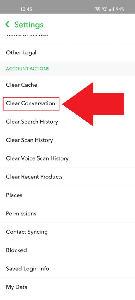 Snapchat setting menu page where the "Clear Conversation" menu item is highlighted.