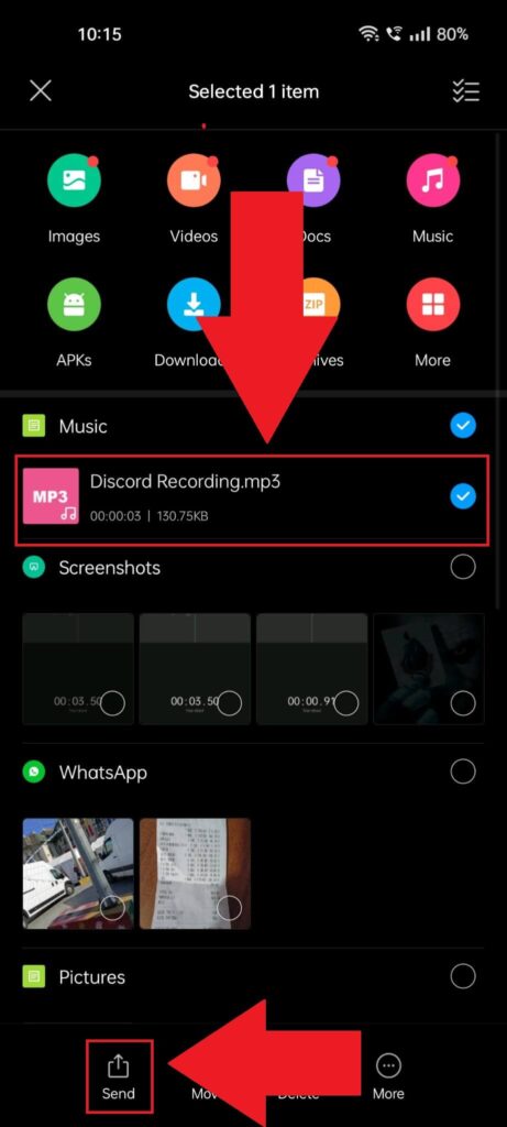 Select the voice recording and hit "Send" or "Share"