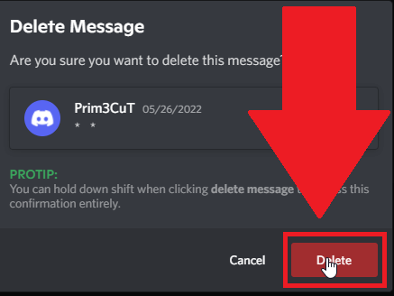 Select "Delete" beside a message in an open Discord chat window