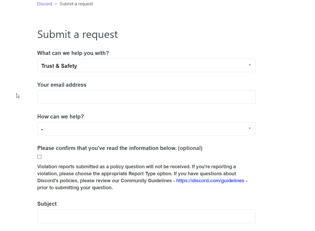 Submit a request to Discord support