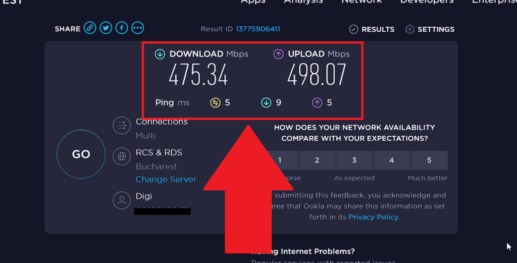 Check the metrics on Speedtest.org after having performed a speed test