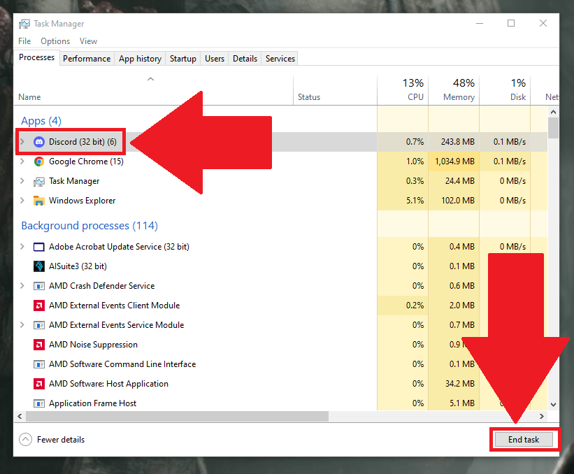 Select Discord and select "End Task"