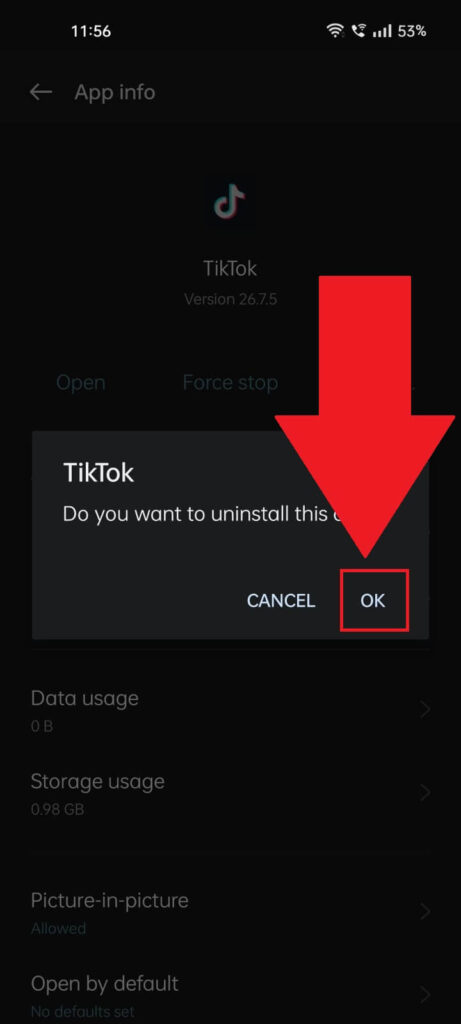Select "Ok" when asked to uninstall the app