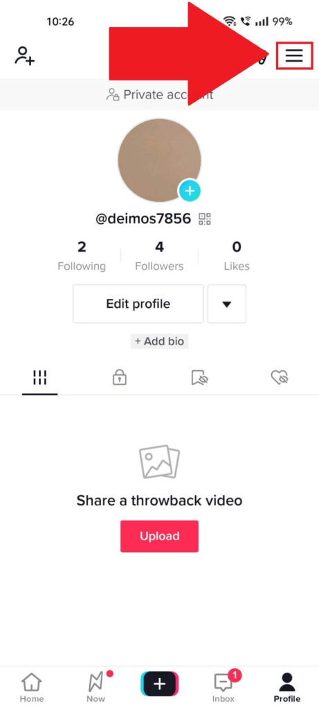 TikTok profile page showing the "Menu" icon highlighted in red