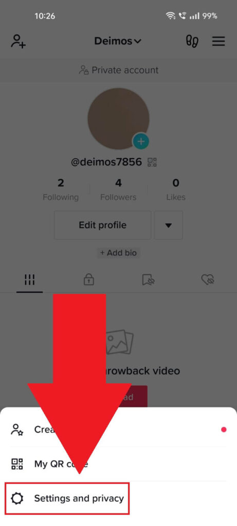 TikTok profile page with the "Settings and privacy" option highlighted in red, located on the bottom-side menu
