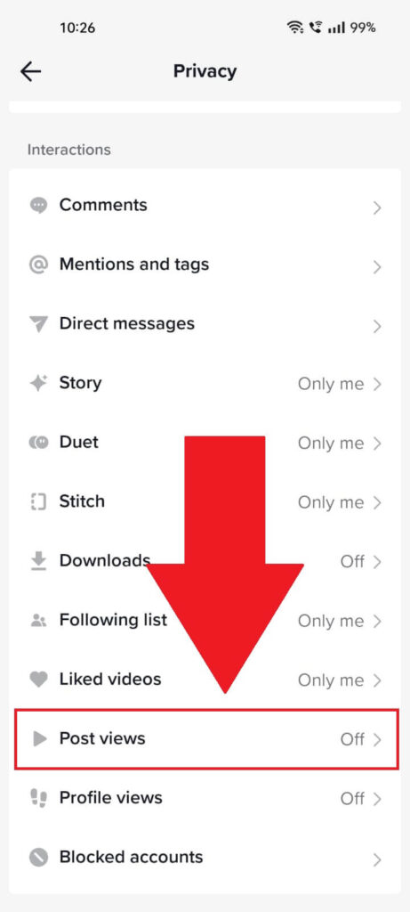TikTok "Privacy" tab in the settings, showing the "Post Views" option highlighted in red