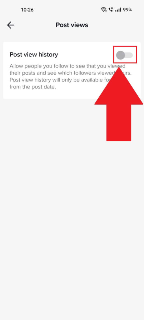 "Post views" settings page on TikTok with the "Post view history" option highlighted in red