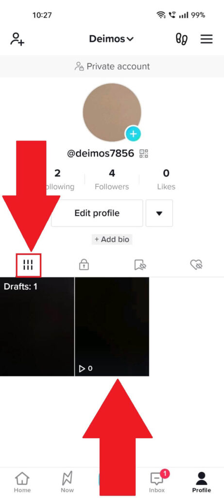 TikTok profile page showing the "Videos" tab and a posted video highlighted in red