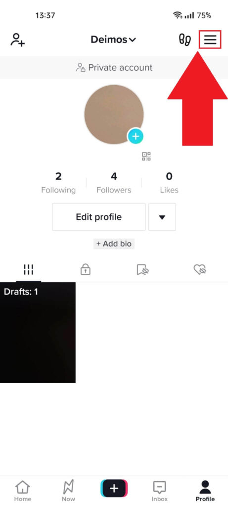 TikTok profile page where the "Menu/Hamburger" icon is highlighted