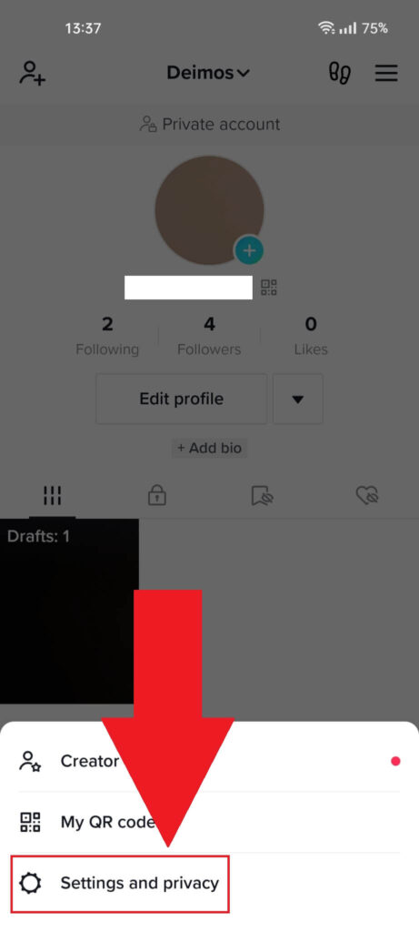 TikTok profile page where it shows how to access the "Settings and privacy" option