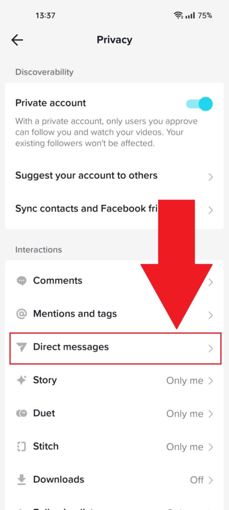 Android TikTok "Privacy" page where the "Direct messages" option is highlighted
