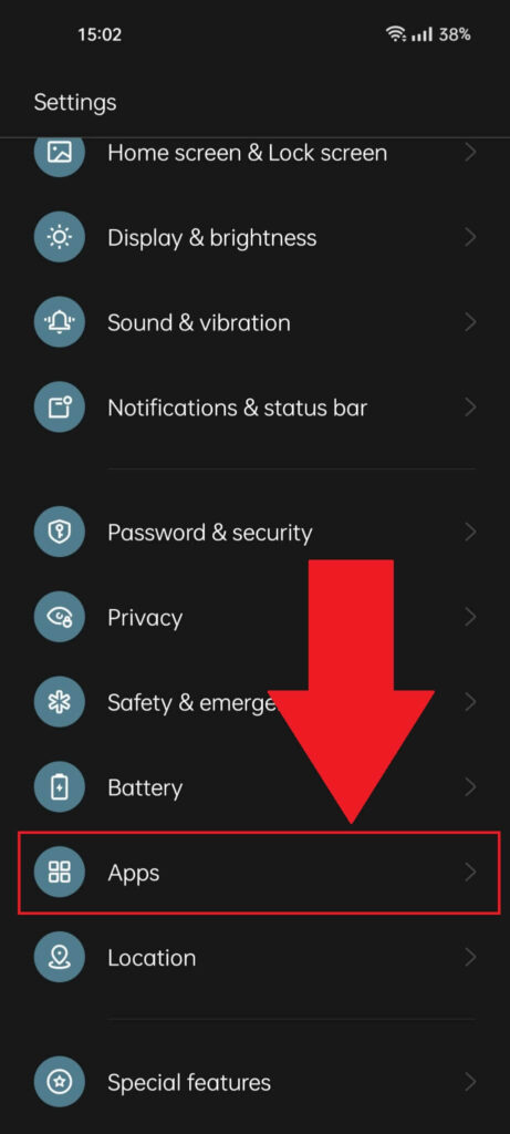 Android phone settings with the "Apps" option highlighted in red