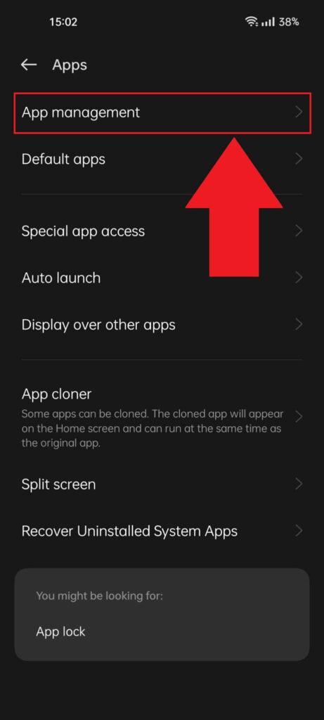 Settings page on an Android phone with the "App management" option highlighted