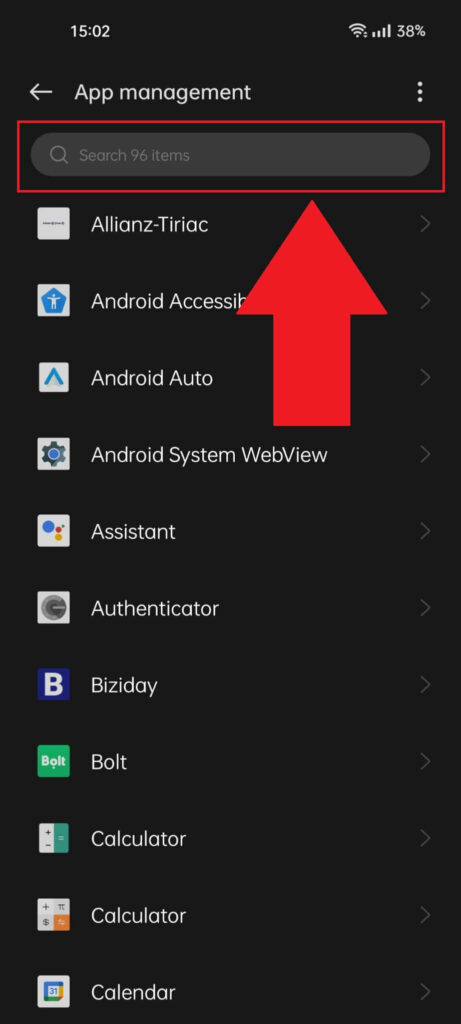 App list on an Android phone with the search bar highlighted in red