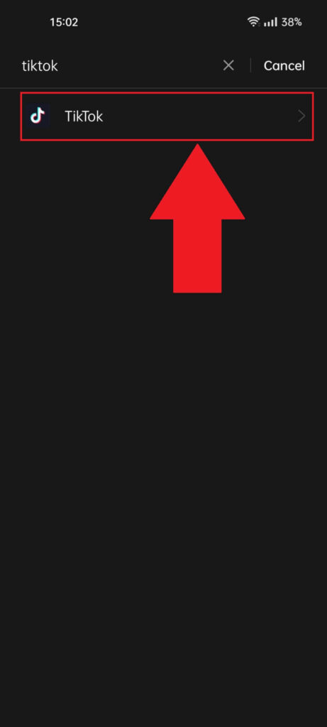 TikTok search result highlighted in the app list on your phone