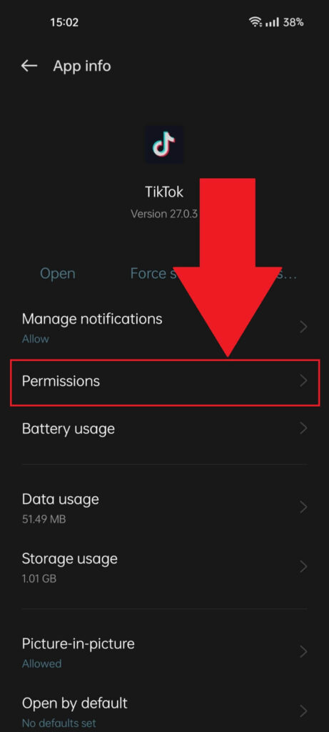 TikTok "App Info" page in the phone settings, showing the "Permissions" option selected