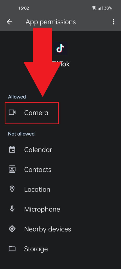 TikTok "App permissions" page where the "Camera" permission is highlighted in red
