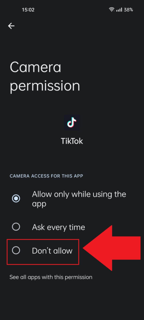 "Camera permission" page in the TikTok Info page, showing the "Don't allow" option highlighted in red
