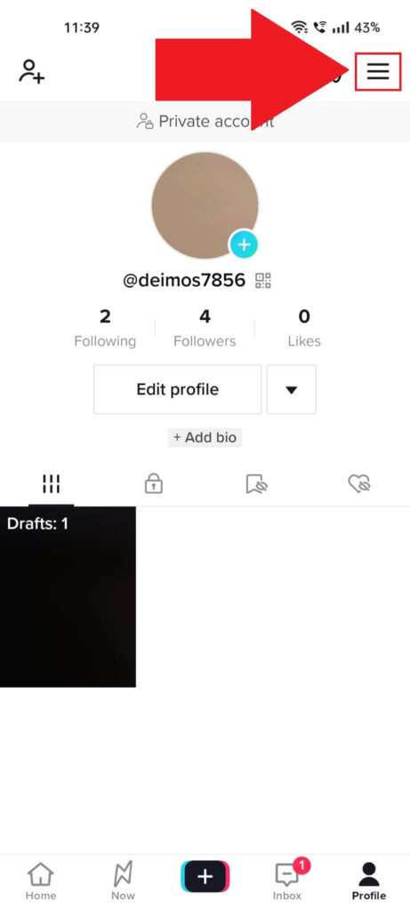 TikTok profile page with the Hamburger/Menu icon highlighted