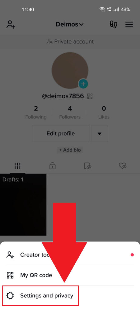 TikTok profile page with the "Settings and privacy" option highlighted in the bottom Menu