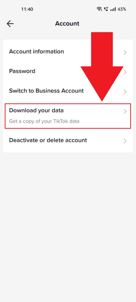 TikTok "Account" page with the "Download your data" option highlighted in red