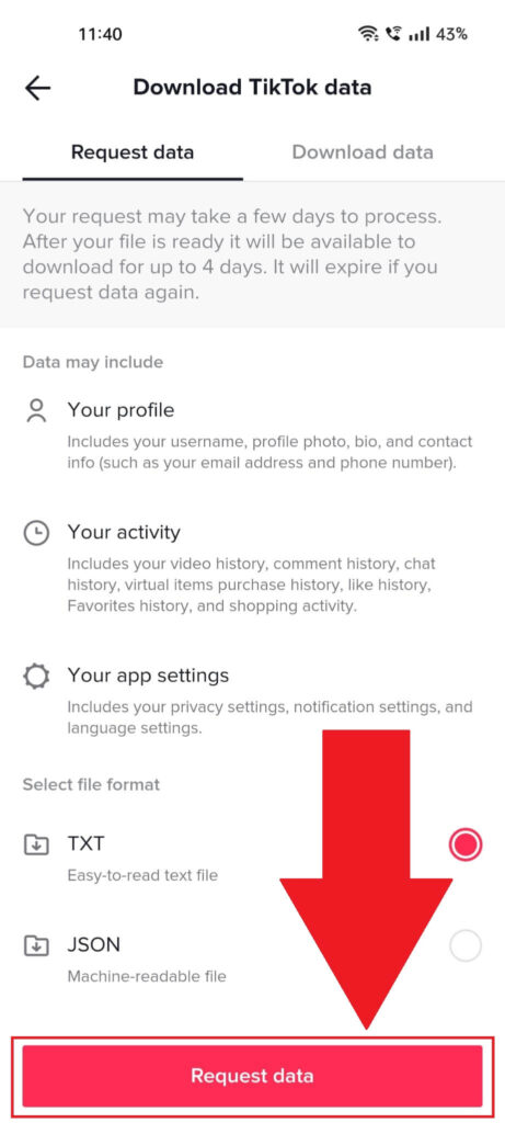Settings page on TikTok where you can download your account data, with the "Request data" button highlighted