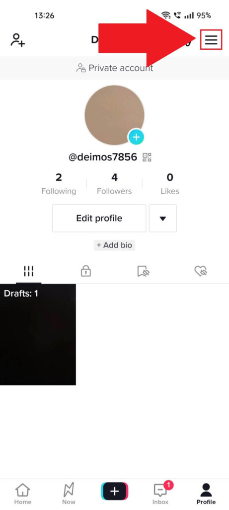 TikTok profile pag showing the "Menu" icon highlighted in red