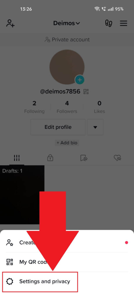 TikTok profile page with the "Settings and privacy" option in the bottom menu highlighted in red