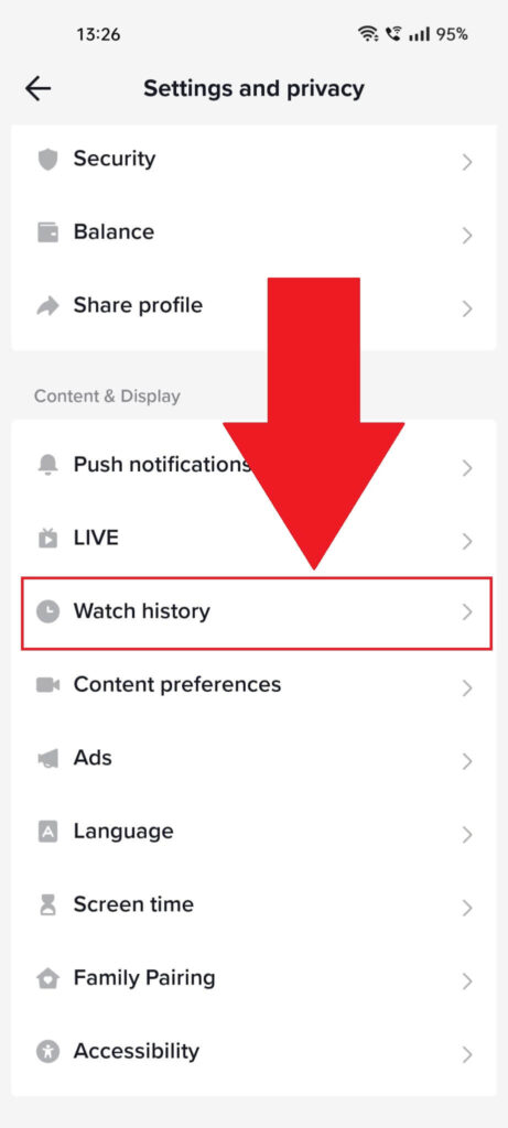 TikTok "Settings and privacy" page that shows the "Watch History" option highlighted in red