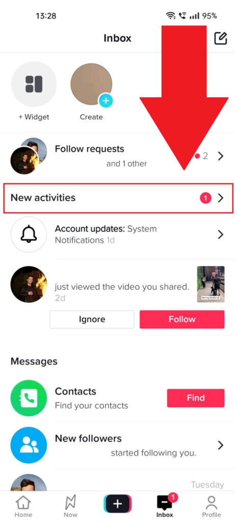 TikTok Inbox showing the "New activities" button highlighted in red