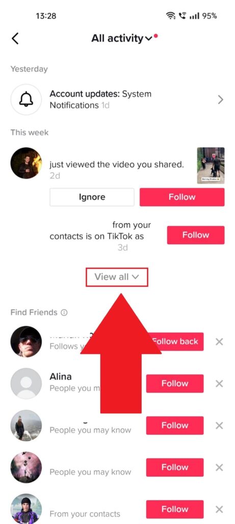 TikTok "Activities" tab where the "View all" button is highlighted in red