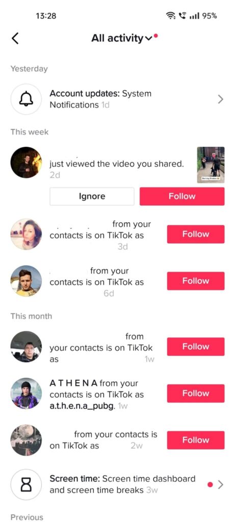 TikTok "Activities" page where you can see all your account-related activities