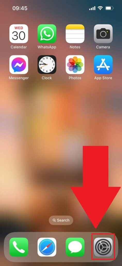 iPhone background with the "Settings" icon highlighted in the bottom-right corner of the screen
