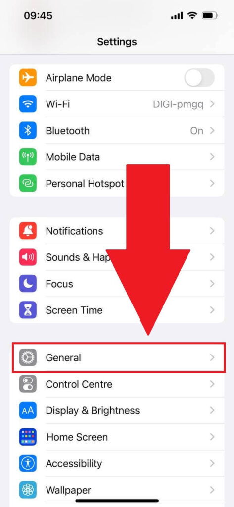 iPhone Settings page showing the "General" option highlighted in red