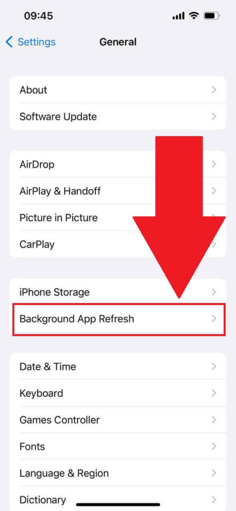 iPhone "General" settings page showing the "Background App Refresh" option highlighted