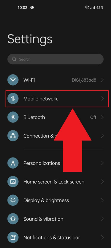 Android Settings page with the "Mobile network" option highlighted in red