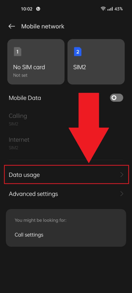 Android "Mobile network" page showing the "Data usage" option highlighted